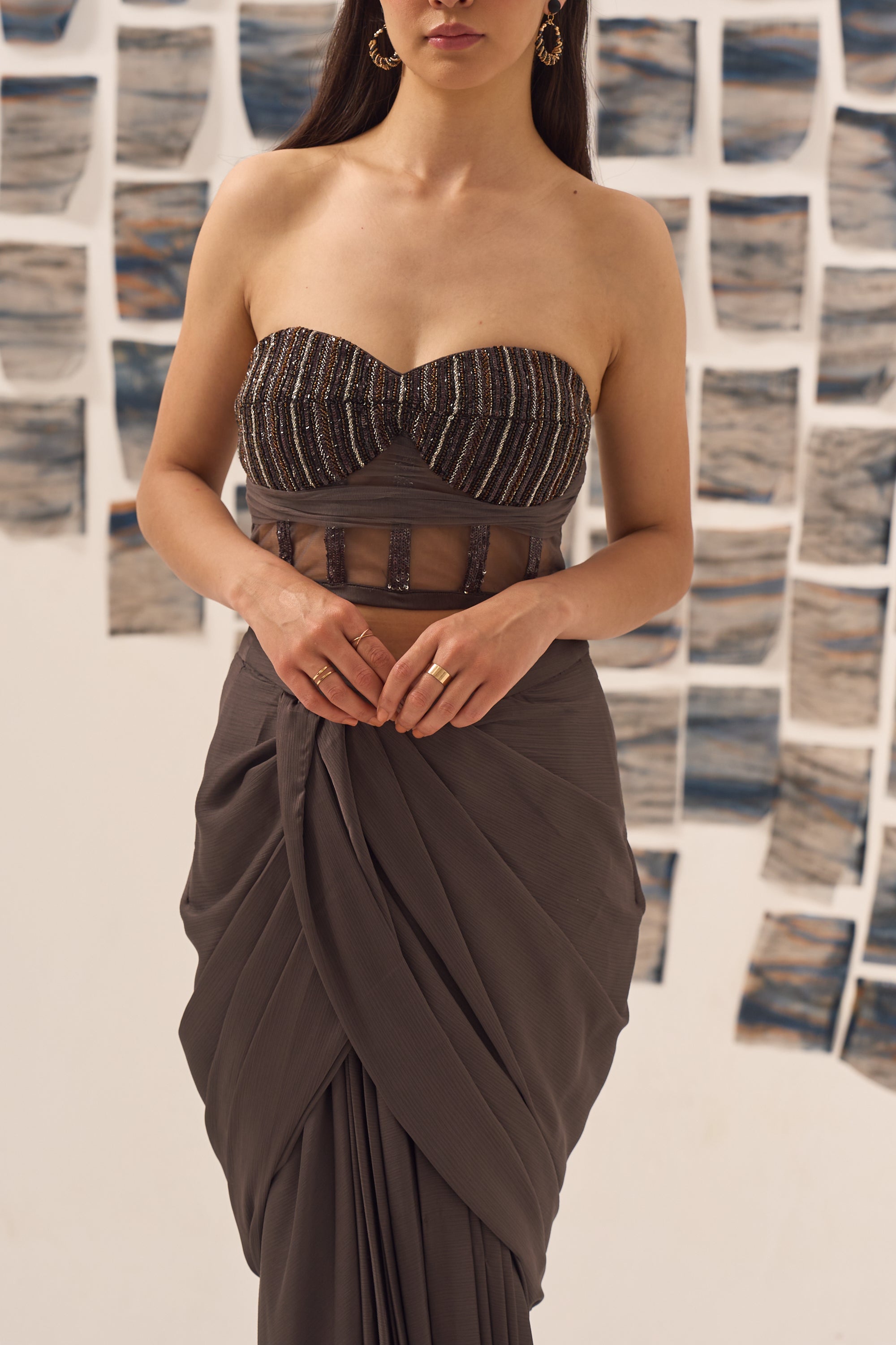 Brown Embellished Pre Draped Saree