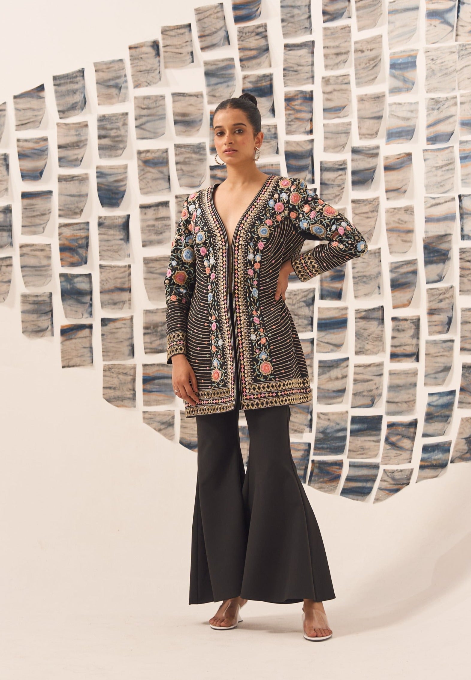 Floral Black 3D Embroidered Jacket Set
