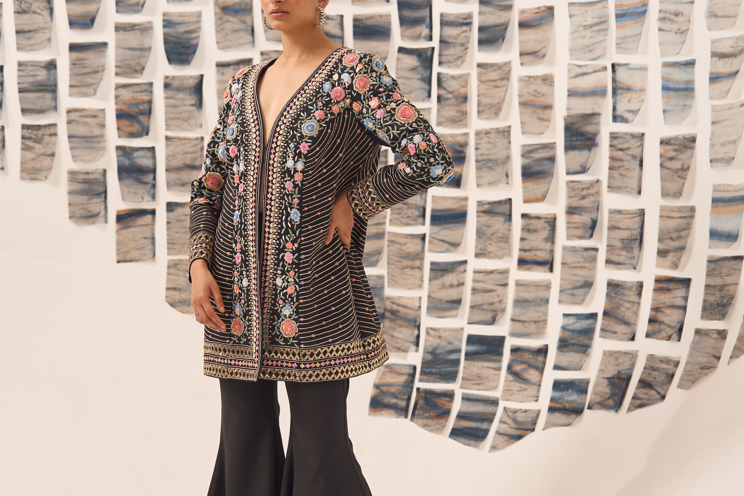 Floral Black 3D Embroidered Jacket Set