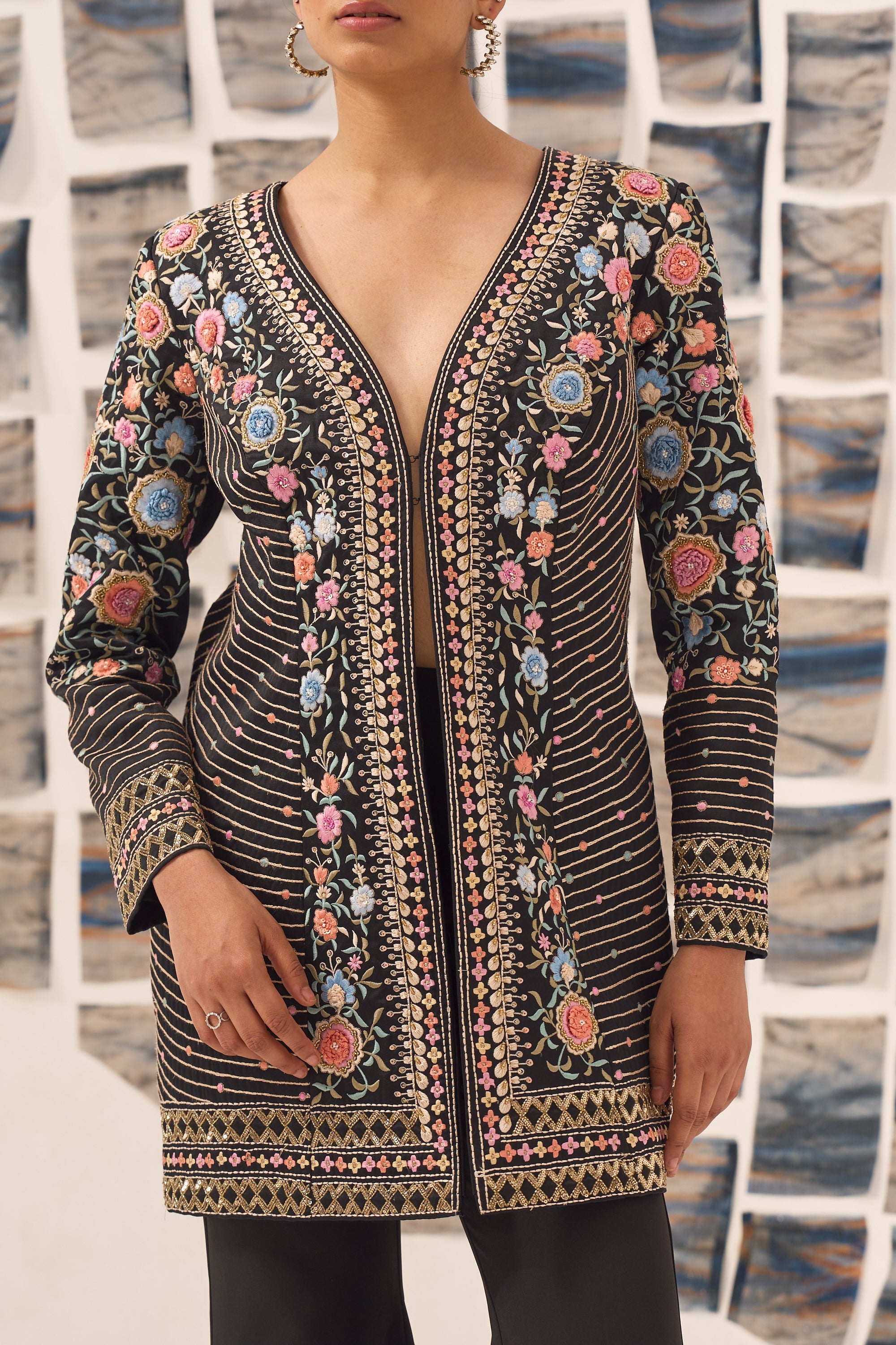 Floral Black 3D Embroidered Jacket Set