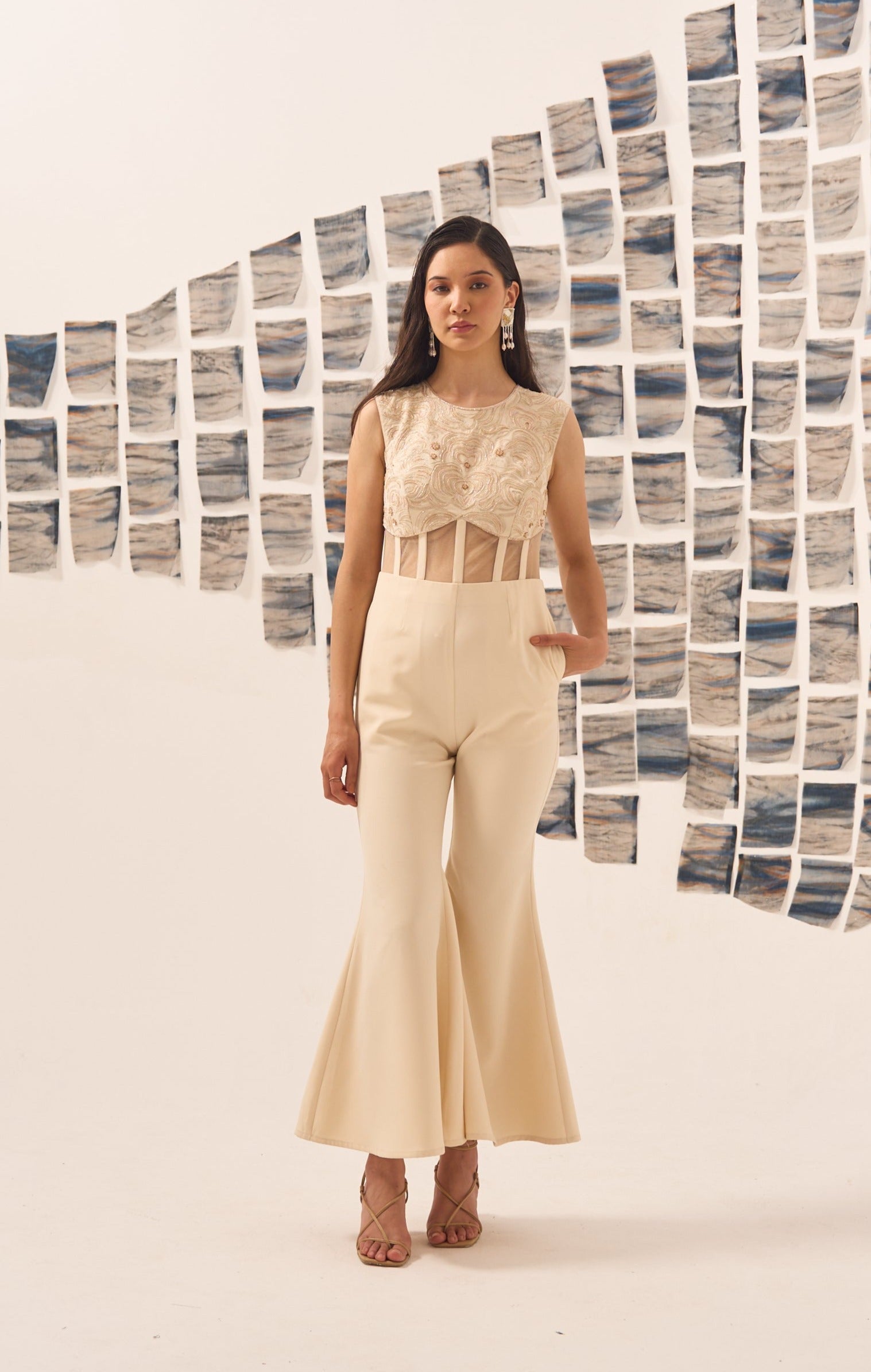 Beige Corset Embroidered Jumpsuit