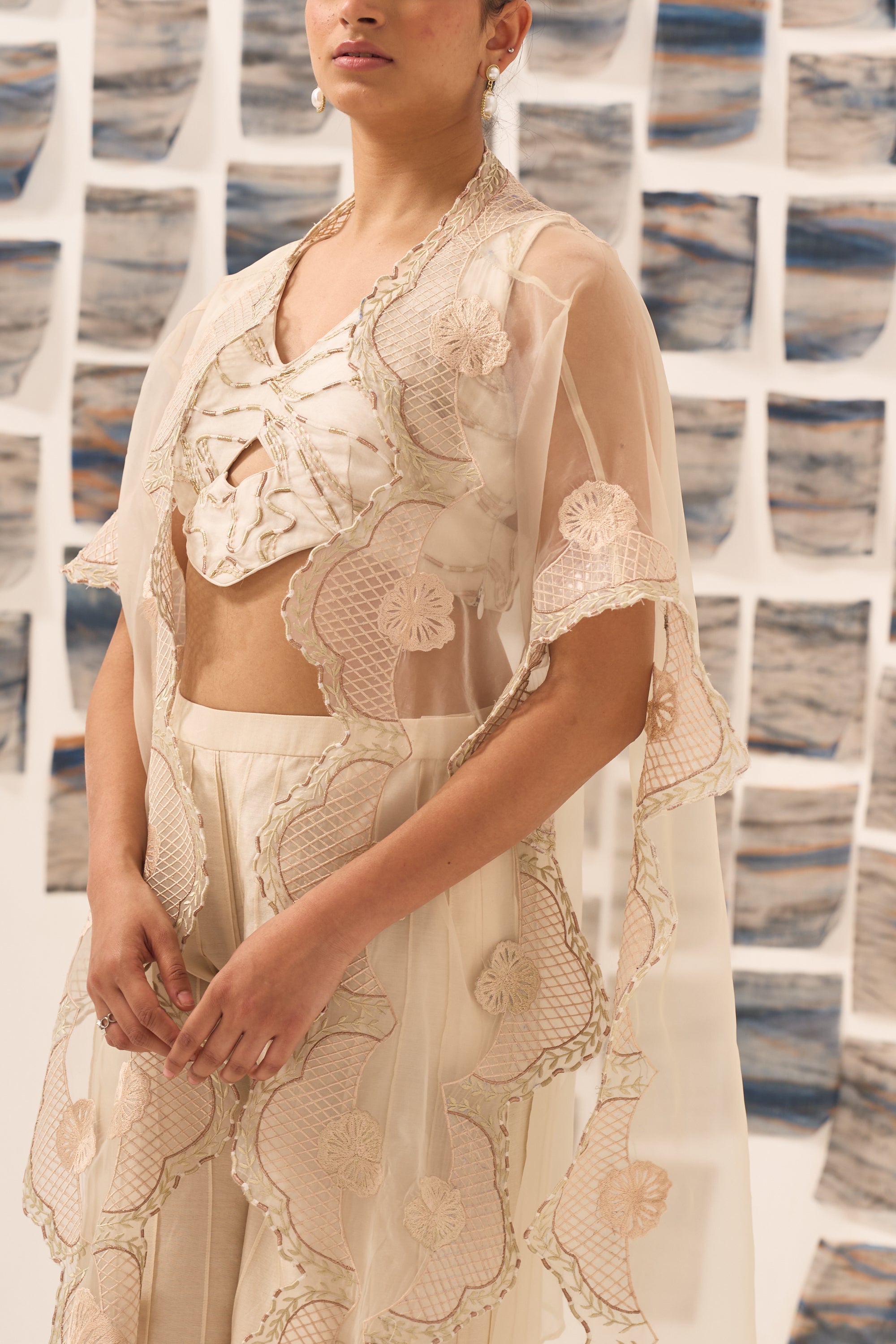 Pintuck Pants with Dori Blouse and Embroidered Cape